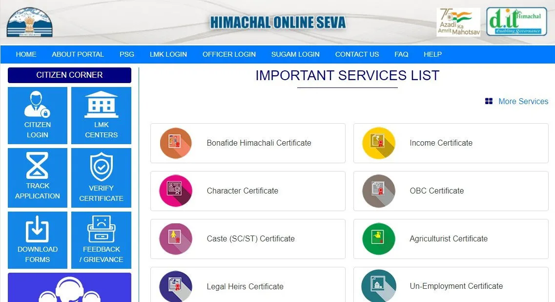 Services on Himachal Pradesh e-District portal 