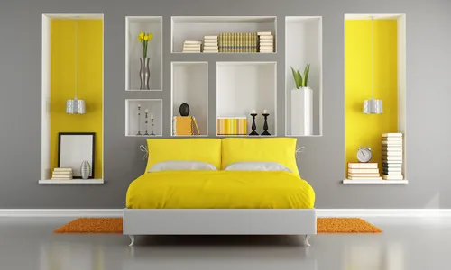 Pastel yellow and grey two colour combination for bedroom walls