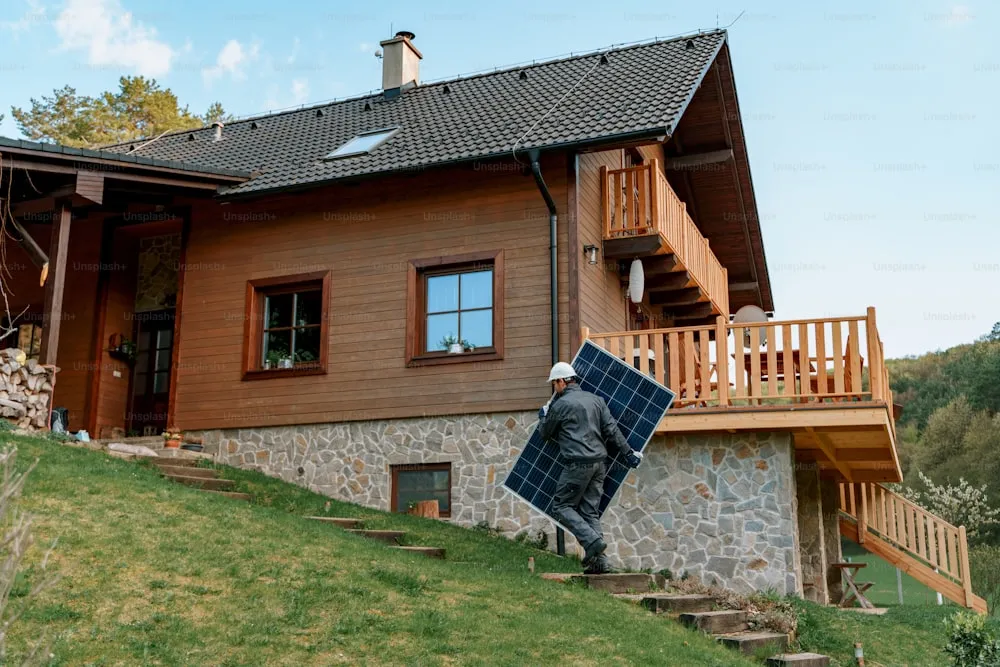 A man worker carrying solar panel for installing solar modul system on house.